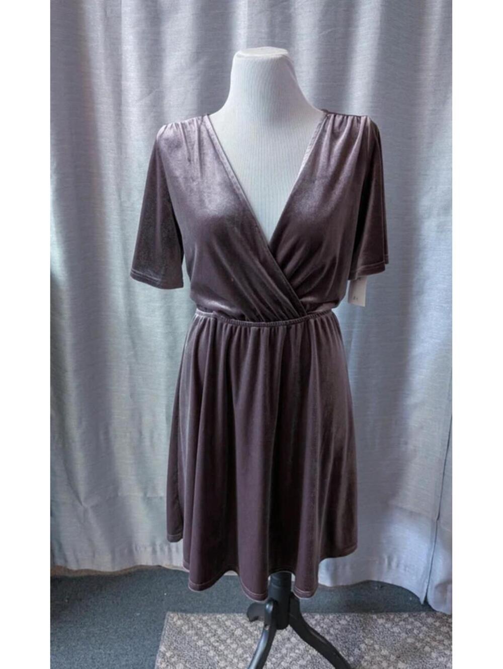 SOLD Taupe Stretch Velvet Wrap Dress M L